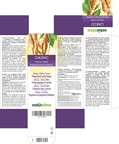 GINSENG (Panax ginseng) raíces Tintura Madre sin alcohol NATURALMA | Extracto líquido gotas 100 ml | Complemento alimenticio | Vegano