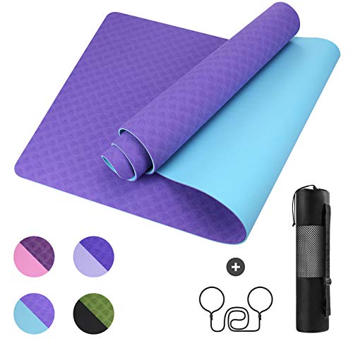 GISALA Esterilla Yoga Antideslizante, Esterilla Deporte Antideslizante TPE de Material Natural con Bolsa y Cuerda, Yoga Mat de 183x61cm, 6mm de Grosor, No tóxico, para Pilates,Fitness (Violeta- Azul)