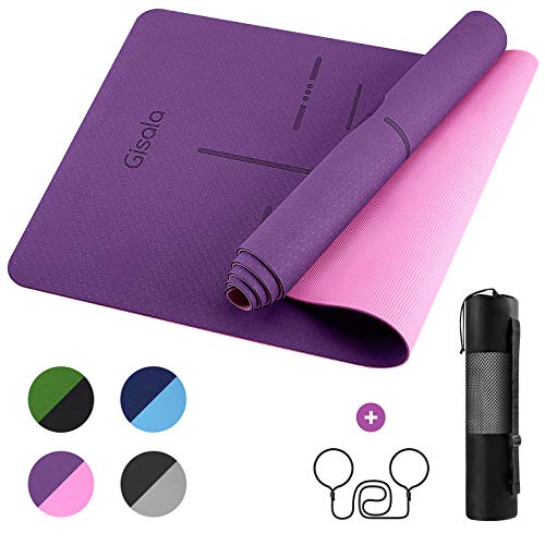 GISALA Esterilla Yoga, Esterilla Deporte Antideslizante Ecológica y 100% Natural de 183x65cm, 6mm de Grosor, No tóxico, para Pilates,Fitness (Violet)