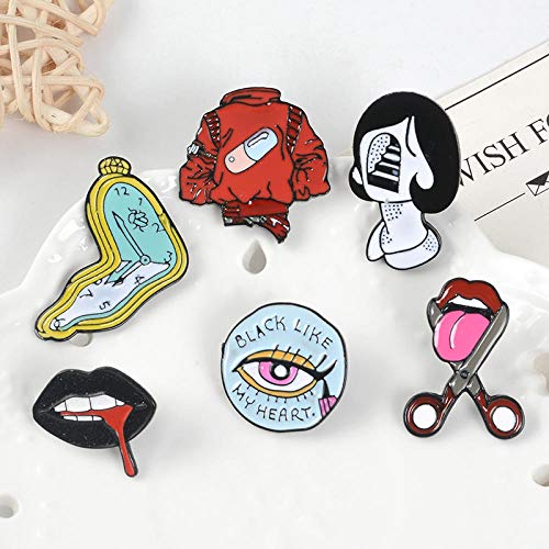 GJongie Broche Broches Pill Eyeliner Lengua Labios Pines De Esmalte Reloj Retorcido Broches De Niña Camisa De Mezclilla Pin De Solapa Bolsa Punk Joyería Fresca Regalo para Amigos-Lengua