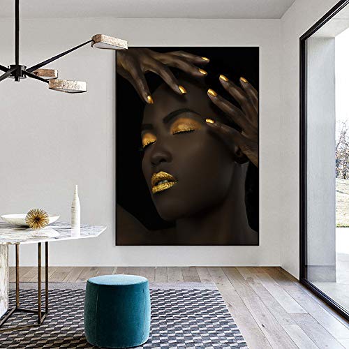 GJQFJBS Impresión en Lienzo Modelo Africano Arte de la Pared Maquillaje Black Girl Mural Poster and Print Wall Decoration A1 60x80cm