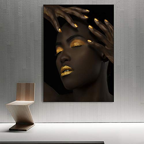 GJQFJBS Impresión en Lienzo Modelo Africano Arte de la Pared Maquillaje Black Girl Mural Poster and Print Wall Decoration A1 60x80cm