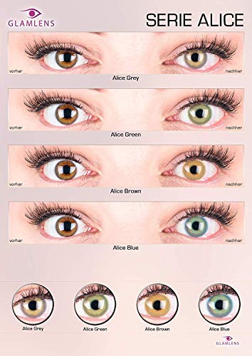 GLAMLENS lentillas de colores azules Alice Blue + contenedor. 1 par (2 piezas) - 90 Días - Sin Graduación - 0.00 dioptrías - blandos - Lentes de contacto azul de hidrogel de silicona