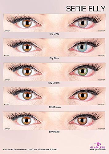 GLAMLENS lentillas de colores azules Elly Blue + contenedor. 1 par (2 piezas) - 90 Días - Sin Graduación - 0.00 dioptrías - blandos - Lentes de contacto azul de hidrogel de silicona