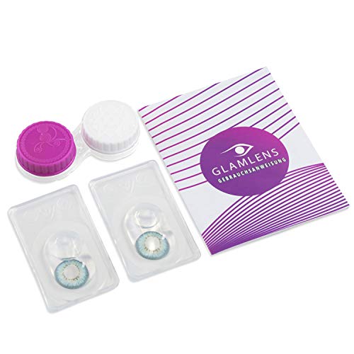 GLAMLENS lentillas de colores azules Fresh Mint Blue + contenedor. 1 par (2 piezas) - 90 Días - Sin Graduación - 0.00 dioptrías - blandos - Lentes de contacto azul de hidrogel de silicona