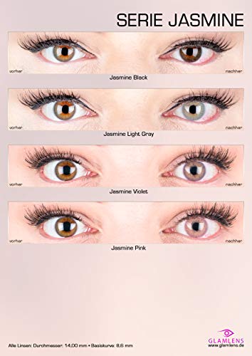 GLAMLENS lentillas de colores azules Jasmine Light Blue + contenedor. 1 par (2 piezas) - 90 Días - Sin Graduación - 0.00 dioptrías - blandos - Lentes de contacto azul de hidrogel de silicona