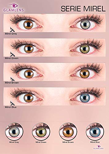 GLAMLENS lentillas de colores azules Mirel Blue + contenedor. 1 par (2 piezas) - 90 Días - Sin Graduación - 0.00 dioptrías - blandos - Lentes de contacto azul de hidrogel de silicona