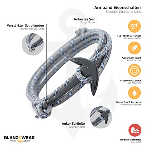 GLANZWEAR Envolver el Brazalete con Ancla de la Nave en Negro Rope Black Edition, Banda Ancla Náutica para los Hombres y Las Mujeres, Pulsera Unisex Muchos Colores de Moda Negro/Rojo
