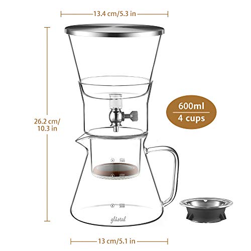 Glastal Cold Brew Dripper 600ml / 4 tazas Cafetera de goteo frío hecha de vidrio de borosilicato y acero inoxidable 18/8 Cafetera ajustable para café y té preparado en frío