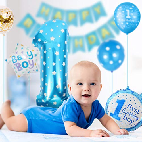 Globos Cumpleaños Niño, 1er Cumpleaños Bebe Azul Globos Numeros 1 Decoracion, Globos de Confeti de Latex Boy Ballon Party Cumpleaños 1 Año