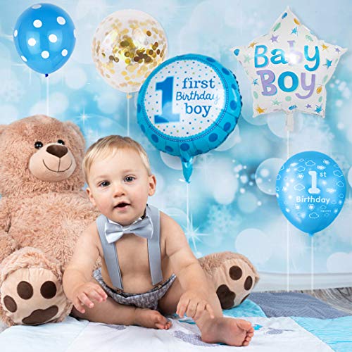 Globos Cumpleaños Niño, 1er Cumpleaños Bebe Azul Globos Numeros 1 Decoracion, Globos de Confeti de Latex Boy Ballon Party Cumpleaños 1 Año
