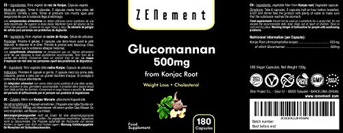 Glucomanano 500 mg, 180 Cápsulas | Fibra vegetal de la raíz de konjac | 100% Natural, Vegano, No-GMO, libre de aditivos, sin gluten | de Zenement
