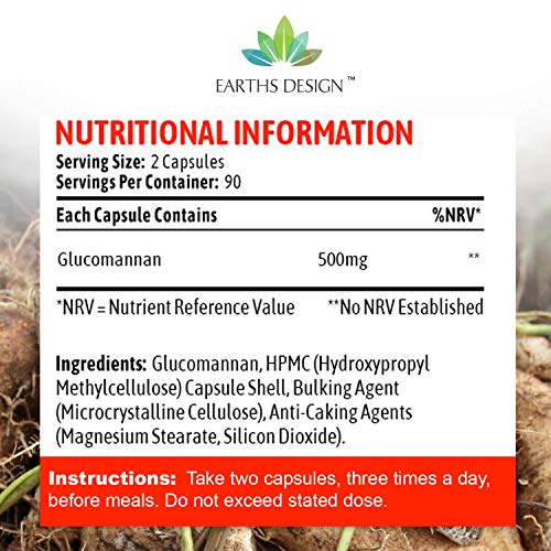 Glucomanano 500mg - Fibra Natural de la Raíz del Konjac - Para Hombres y Mujeres - 180 Cápsulas de Earths Design
