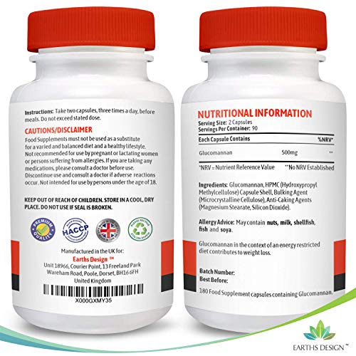 Glucomanano 500mg - Fibra Natural de la Raíz del Konjac - Para Hombres y Mujeres - 180 Cápsulas de Earths Design