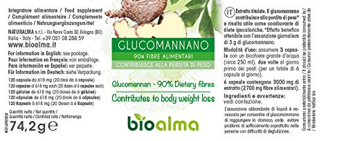 GLUCOMANANO (Amorphophallus konjac) raíces NATURALMA | 90% Fibras alimentarias | 120 cápsulas de 500 mg | Ayuda a perder peso | Complemento alimenticio con extracto titulado y concentrado | Vegano