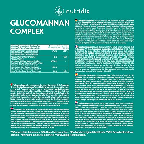Glucomanano Konjac - 3150mg por dosis - Ayuda a Adelgazar en Dietas Bajas en Calorías - Glucomanano Natural con Cromo, Colina, Vitamina D3 y B3-120 cápsulas Nutridix