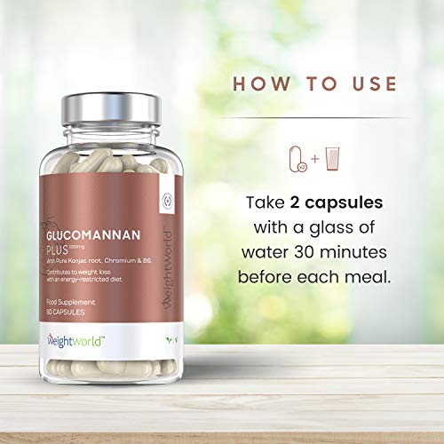 Glucomanano Plus 3000 mg - Inhibidor Del Apetito, Suplemento Natural Para Adelgazar y Perder Peso, Efecto Saciante, Con Raíz de Konjac, Cromo Y Vitamina B6, Aumenta Metabolismo, 60 Cápsulas Veganas
