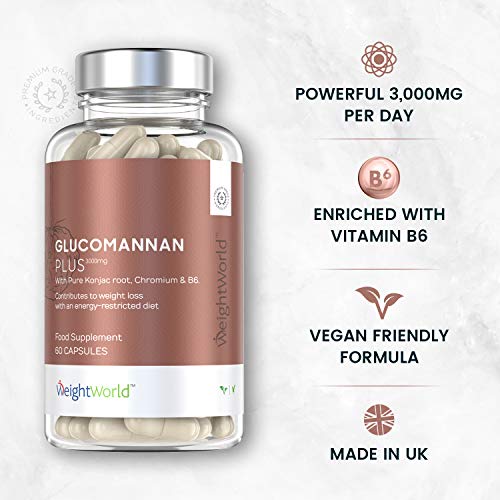 Glucomanano Plus 3000 mg - Inhibidor Del Apetito, Suplemento Natural Para Adelgazar y Perder Peso, Efecto Saciante, Con Raíz de Konjac, Cromo Y Vitamina B6, Aumenta Metabolismo, 60 Cápsulas Veganas