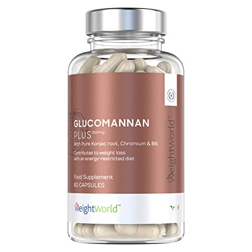 Glucomanano Plus 3000 mg - Inhibidor Del Apetito, Suplemento Natural Para Adelgazar y Perder Peso, Efecto Saciante, Con Raíz de Konjac, Cromo Y Vitamina B6, Aumenta Metabolismo, 60 Cápsulas Veganas