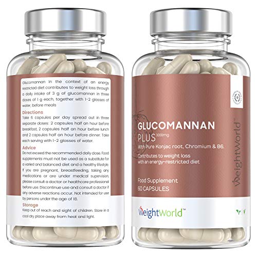 Glucomanano Plus 3000 mg - Inhibidor Del Apetito, Suplemento Natural Para Adelgazar y Perder Peso, Efecto Saciante, Con Raíz de Konjac, Cromo Y Vitamina B6, Aumenta Metabolismo, 60 Cápsulas Veganas