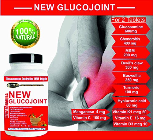 Glucosamina Coindroitina MSM Suplementos de ácido hialurónico Articulaciones Garra del diablo Cúrcuma Boswellia Manganeso Vitaminas C K1 y D3 (Glucojoint 1 Box de 60 tabletas)