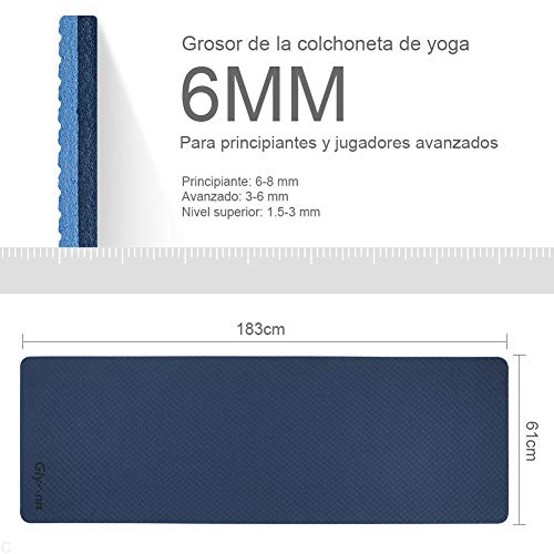 Glymnis Esterilla Yoga Antideslizante Colchoneta Yoga Mat Esterilla Deporte de Material Ecológico TPE Esterilla Pilates con Correa 183mm x 61mm x 6mm Azul