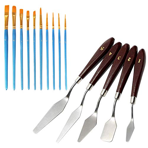 Gobesty Paint Brushes Set Artist, Oil Painting Brush and Knife Set Palette Knife Painting Tools, Paint Brushes Set Nylon Hair Brush, 5 Pcs Palette Knife Set with 10 Pcs Painting Brush