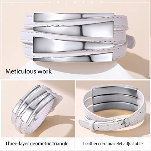 GoldChic Jewelry Blanca Triple-Capa Pulsera de Correa Piel ecológica, Acero Inoxidable Color Plateado, Joyería para Hombre y Mujer, Gratis Caja de Regalo