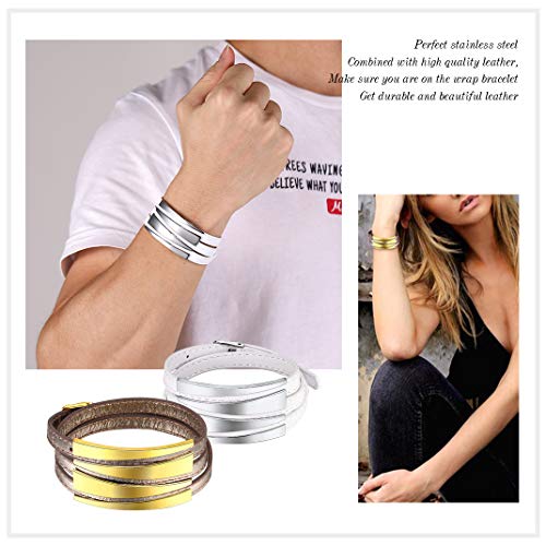 GoldChic Jewelry Blanca Triple-Capa Pulsera de Correa Piel ecológica, Acero Inoxidable Color Plateado, Joyería para Hombre y Mujer, Gratis Caja de Regalo