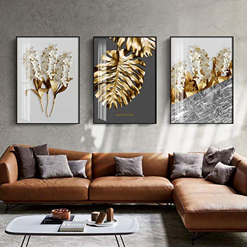 Golden Abstract Leaf Flower Mural Canvas Painting Black and White Feather Poster Living Room Decoration Painting 30X40cm