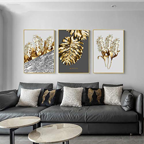 Golden Abstract Leaf Flower Mural Canvas Painting Black and White Feather Poster Living Room Decoration Painting 30X40cm