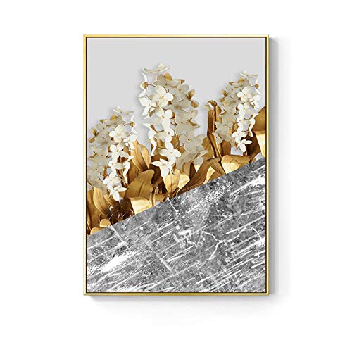 Golden Abstract Leaf Flower Mural Canvas Painting Black and White Feather Poster Living Room Decoration Painting 30X40cm