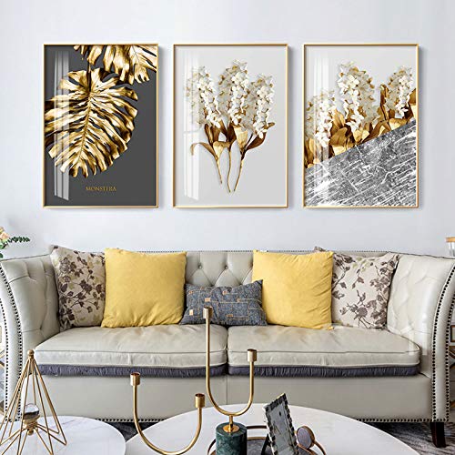 Golden Abstract Leaf Flower Mural Canvas Painting Black and White Feather Poster Living Room Decoration Painting 30X40cm