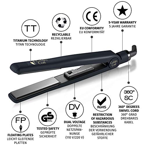 Golden Curl Plancha de Pelo Profesional GL829 para Todos los Tipos de Cabello - Garantía Increíble de 5 Años (Negro Nero)