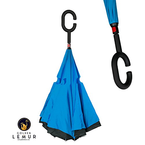 Golden Lemur Paraguas Invertido. Paraguas Originales Mujer y Hombre de Colores. Grande, para Coche Antiviento. Doble Capa, Reversible, Abre al Revés Asa Manos Libres Funda Garantia Calidad Azul Negro