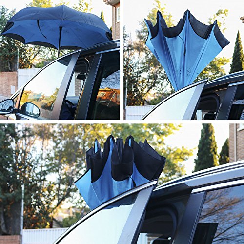 Golden Lemur Paraguas Invertido. Paraguas Originales Mujer y Hombre de Colores. Grande, para Coche Antiviento. Doble Capa, Reversible, Abre al Revés Asa Manos Libres Funda Garantia Calidad Azul Negro