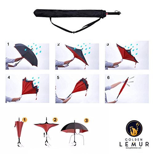 Golden Lemur Paraguas Invertido. Paraguas Originales Mujer y Hombre de Colores. Grande, para Coche Antiviento. Doble Capa, Reversible, Abre al Revés Asa Manos Libres Funda Garantia Calidad Rojo Negro