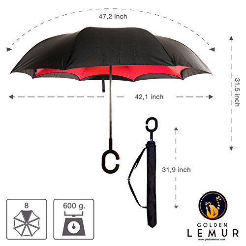 Golden Lemur Paraguas Invertido. Paraguas Originales Mujer y Hombre de Colores. Grande, para Coche Antiviento. Doble Capa, Reversible, Abre al Revés Asa Manos Libres Funda Garantia Calidad Rojo Negro