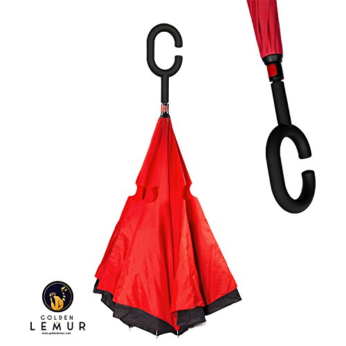 Golden Lemur Paraguas Invertido. Paraguas Originales Mujer y Hombre de Colores. Grande, para Coche Antiviento. Doble Capa, Reversible, Abre al Revés Asa Manos Libres Funda Garantia Calidad Rojo Negro