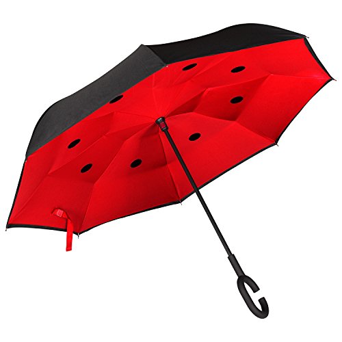 Golden Lemur Paraguas Invertido. Paraguas Originales Mujer y Hombre de Colores. Grande, para Coche Antiviento. Doble Capa, Reversible, Abre al Revés Asa Manos Libres Funda Garantia Calidad Rojo Negro