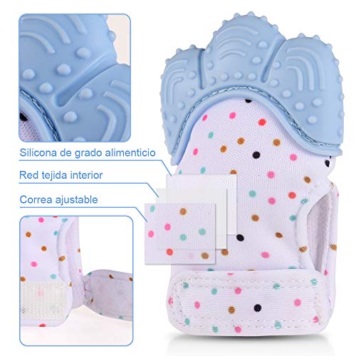 Goldge MIni Guante Dentición Bebé +1 Gasas Bebe Algodon Muselina+1 Chupete Fruta +2 Bolsa de silicona,Protege Manos Bebés Regalo Perfecto para Bebés