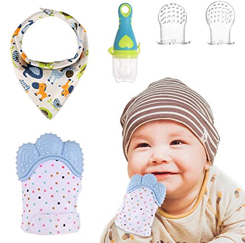 Goldge MIni Guante Dentición Bebé +1 Gasas Bebe Algodon Muselina+1 Chupete Fruta +2 Bolsa de silicona,Protege Manos Bebés Regalo Perfecto para Bebés