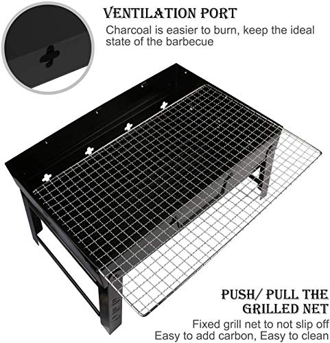 GolWof Barbacoa Portátil Barbacoa Plegable Barbacoa de Acero Inoxidable Barbacoa Carbón Parrilla con BBQ Tapete, BBQ Clip y Cepillo de Aceite para Exterior Picnic Jardín Campamento 44 * 29 * 23cm