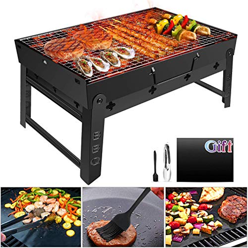 GolWof Barbacoa Portátil Barbacoa Plegable Barbacoa de Acero Inoxidable Barbacoa Carbón Parrilla con BBQ Tapete, BBQ Clip y Cepillo de Aceite para Exterior Picnic Jardín Campamento 44 * 29 * 23cm