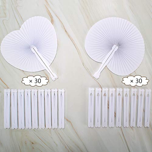 GoMaihe 60Pcs Abanicos PAI PAI para Bodas, Ventilador de Mano Redondo y en Forma de Corazón, Abanicos Boda para Invitados, Wedding Paper Fan Foldable Pocket Fan, Blanco