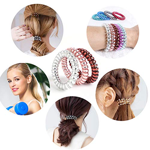 Gomas de Pelo en Espiral Lazos para Cabello en Espiral Anillo Elástico para Cabello con Cable de Teléfono Traceless para Todo Tipo de Cabello (27Pcs Plata Brillante + Transparente)