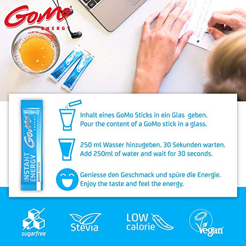 GoMo ENERGY® Bebida para acelerar el cerebro | Aumentar las habilidades mentales y la capacidad de memoria | Bebida energética sin azúcar | Suministro mensual BRAIN FOCUS 30 Porciones