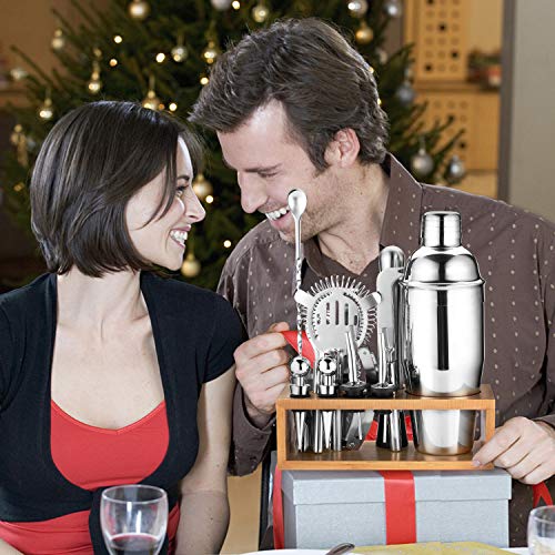 Gomyhom Juego de Coctelera, Coctelera de Cóctel 750ml, Kit Barman Profesional14 Piezas, Coctelera Set con Soporte de Madera Juego de Regalo, Ideal para Bar, Hogar Mezclar Bebidas