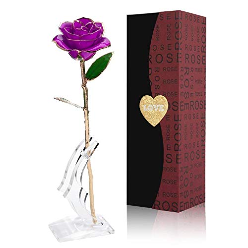 Gomyhom Rosa 24K, Rosa de Oro Chapada en Oro con Caja de Regalo para Madre para Amor en el Día de San Valentín para Aniversario para Amigos como Un Regalo de Cumpleaños (Púrpura)