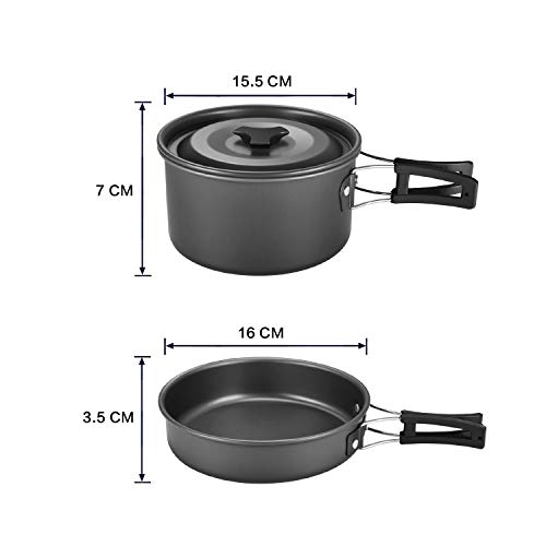 Gonex Ollas Sartén Camping, Utensilios de Cocina Cacerola Cazuela Recipientes Acero Inoxidable Cocinar en Exteriores Picnic Acampada Senderismo al Aire Libre, Kit de 11 PCS para 1-2 Personas (Negro)